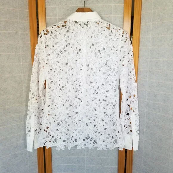 Banana Republic White Lace Top Size XS Long Sleeve Button Down Battenburg Floral - Picture 9 of 11